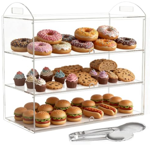 Cityjoy 3-stöckige Bäckerei-Vitrine mit Griff, 59,9 x 30 x 47,2 cm Theke, kommerzieller Gebäckständer, transparente Acryl-Präsentationsbox für Dessert, Donut