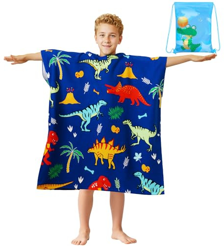 FILOWA Poncho Toalla de Baño Niños Microfibra Toalla de Playa con Capucha Toalla Poncho Azul Dinosaurio Toalla Piscina 75 * 180cm Grande Absorbente Albornoz para Infantiles Adolescente 6-15 años