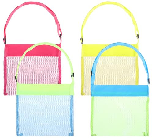 4Pcs Colorful Mesh Beach Bags Seashell Bag for Kids, Portable & Foldable Sea Shell Bag with Adjustable Carrying Straps, Shell Collecting Bags for Outdoor Beach Activities Adventures