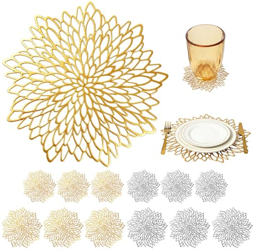6er Set Platzsets Tischsets Abwaschbar, Moderne Platzdeckchen Rund, Weihnachten Dekorative Tischunterlage Esstisch Platzteller Platzset Rund für für Zuhause Hochzeit (Gold/Silber, mit Untersetzer)