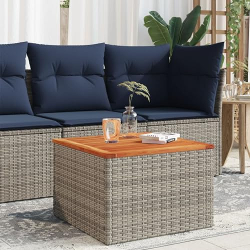 Myheimly Gartentisch, Couchtisch für Garten Terrasse, Beistelltisch mit Stahlrahmen, Outdoor Tisch Gartenmöbel Terrassenmöbel, Grau Poly Rattan und Akazienholz 55x55x37 cm
