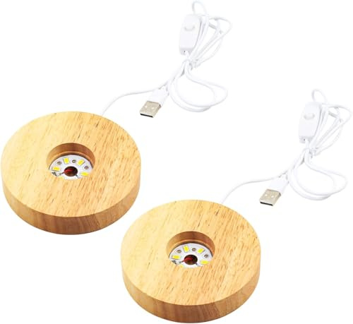 MaxEarn 2 Pack Wooden LED Light Display Base, 10cm Round LED Light Base | with 1.5M USB Switch, Warm Light, LED Dispaly Stand for 3D Crystal Ball Glass Resin Art, 10x10cm