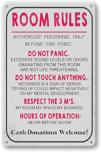 Room Rules Sign For Teen Girls Boy Bedroom Gaming Room Door Decor Dorm Wall Accessories Cool Things,Funny Metal Tin Signs Home Decor,Antique Signs,Vintage Metal Aluminum Tin Sign Wall Art 8x12
