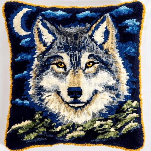 Henypt Kit de Almohadones con Cierre de Gancho Lobo Cojines para Bordar a Mano 17x17 Inch 3D Bordado de Bricolaje Cuadrado Funda de Cojín Decoración para Principiantes, Adultos