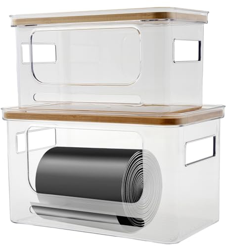KTCINA 2Pcs Trash Bag Dispenser Holder, Stackable Garbage Bag Holder with Bamboo Lid & Dual Handles Extra Large Trashbag Organizer for Kitchen, Cabinet, Laundry Room, Pantry Organizer and Storage