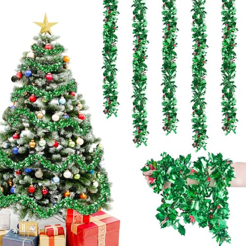 Aitsite Lametta Weihnachtsbaum 6 Stück × 2M – Weihnachtsgirlande 12M Weihnachtsdeko Lametta Girlande mit roten Beeren Verziert – Christbaum Deko für Innen & Außen (Flausch)