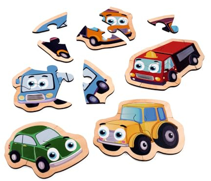 Eichhorn Puzzle 5 Fahrzeuge - Lernpuzzle mit bunten Fahrzeugmotiven, stärkere Teile für kleine Hände, fördert Feinmotorik und Konzentration, aus FSC zertifiziertem Lindensperrholz, ab 2 Jahren