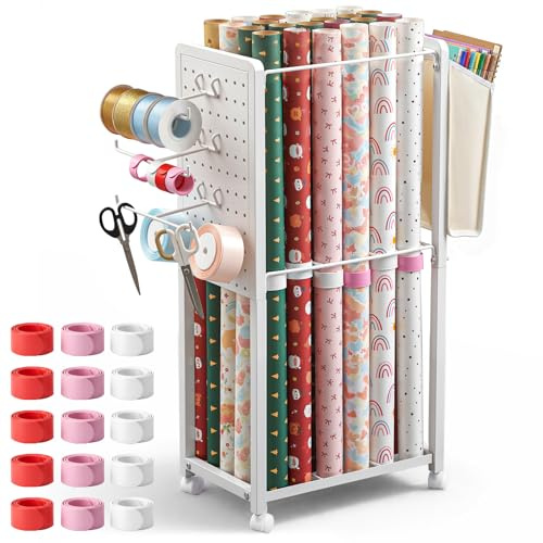 Datanly Geschenkpapier-Aufbewahrungs-Organizer-Wagen mit 15 Slap-Bändern, Roll-Geschenkpapier-Wagen für Geschenkpapier, Bandhalter, Bastelbedarf, Bauzeichnungen