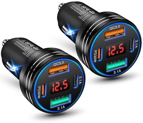 65W Zigarettenanzünder USB C,2-Pack 4Port Auto Ladegerät Kfz 12V Adapter | PD&QC3.0 Handy Car Charger mit LED Voltmeter USB C Schnellladegerät für iPhone 17 16 16e 15 Pro Max, Samsung S25 S24 Ultra