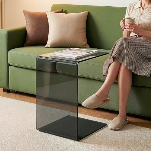 [en.casa] Beistelltisch Couch Trölmapilu Couchtisch Glas C-Form Tisch Wohnzimmer Glastisch quadratisch 60 x 40 x 40 cm Nachttisch Laptoptisch Grau