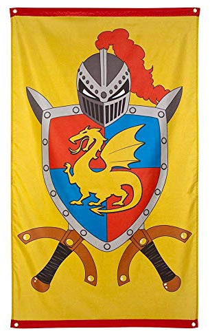 Boland 44008 - Bandera caballero y dragón, tamaño 150 x 90 cm, decoración colgante con dragón y escudo de armas, banderola, decoración para fiesta temática, cumpleaños o carnaval