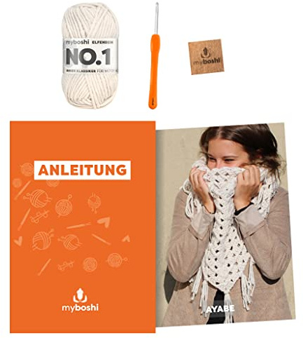 myboshi Häkelset Dreieckstuch Ayabe, inkl. No.1 Wolle, Nadel und Anleitung, Häkelpaket für Anfänger, 30% Merinowolle Elfenbein, mit Häkelnadel