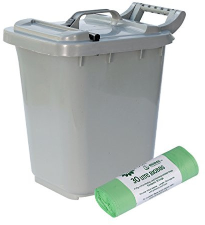 Kerbside Compost Caddy/Plastic Kerbside Bin with Locking Lid - Silver Grey - for Food Waste Recycling (23 Litre) - 23L & 10 x 30L Compostable Bags with Composting Guide
