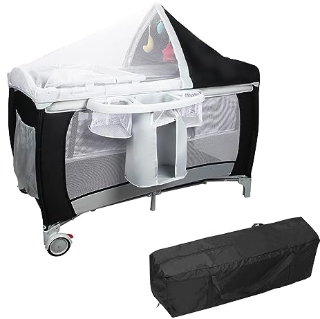 DREAMADE Babybett 120 x 60 cm, 4 in 1 Reisebett, Babywiege, Wickeltisch & Laufgitter, Reisebett mit Matratze & Moskitonetz & Rollen (Schwarz, mit Spieldose)