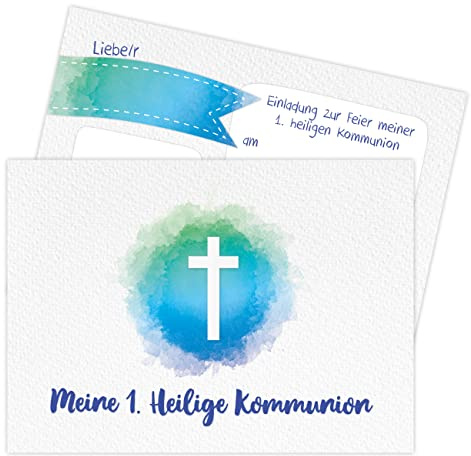 Papierdrachen 12 Einladungskarten zur Kommunion - Motiv Kreuz blau - Einladung zur Heiligen Kommunion für Mädchen und Jungen - DIN A6 - Set 5