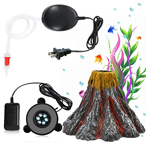 Aquarium Volcano Decoration Set Fish Tank Bubble Decorations, Air Stone with Air Pump, Aquarium Ambient Light with 6 LEDs, Bubble Stone Bubbler Volcano Shape Set