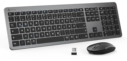 iClever Juego de teclado y ratón inalámbrico, recargable, teclado inalámbrico con ratón, ultrafino, silencioso, para PC/portátil, diseño QWERTZ, gris