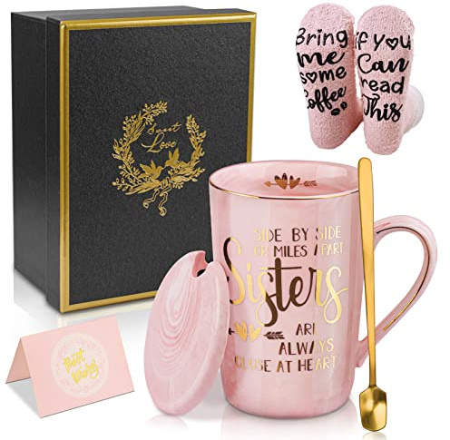 Sister Birthday Gifts, Sister Gifts from Sisters Brothers, 14oz Ceramic Mug | Gold Pattern Ceramic Coffee Mug Gifts Set for Big Little Sisters, 6pcs with Funny Socks Spoon Lid Greeting Card Gift Box