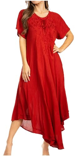 Sakkas 1701 - Lilia Embroidered Lace Up Bodice Relaxed Fit Maxi Sun Dress - A-Red - OS