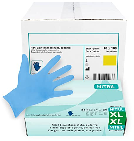 Nitrilhandschuhe 1.000 Stück in XL I Puderfreie Einmalhandschuhe I Geeignet für Lebensmittelbereich, Kosmetik & als medizinische Untersuchungshandschuhe I Robuste Einweghandschuhe