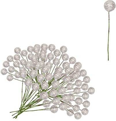 100pcs Christmas Artificial Silver Holly Berries,Glitter Berry Twig Stem Artificial Berry Fruits Picks Berry Branches Winter Berries Bunch for Christmas Wreath Making Xmas Tree Decorations Supplies