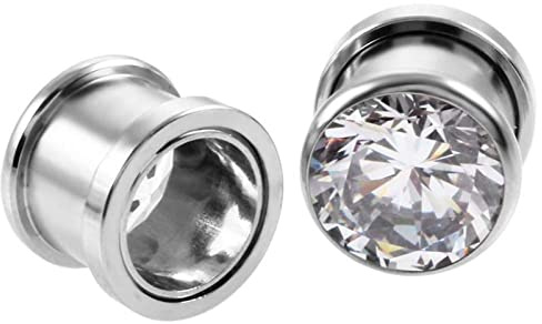 Ayoiow 2 STK Ohrringe Tunnel, Chirurgenstahl Plug Tunnel Ohrringe Herren mit Weiß Zirkonia Ohr Plug 8mm