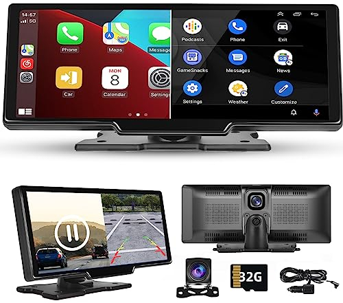 Hodozzy Autoradio Tragbares CarPlay Wireless Android Auto mit Dashcam Vorne 9,3 Zoll Touchscreen Display CarPlay Bildschirm Auto Bluetooth Digital Media Receiver Navi Videoaufzeichnung Rückfahrkamera