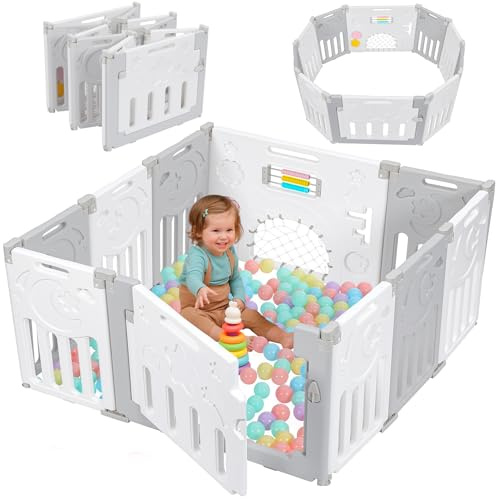 Dripex Laufstall Baby Faltbar,for Babies & Toddlers Kleinkinderzimmer,Möbel | Großes Laufgitter Baby mit verstellbarer Form,Erweiterbar mit Tür und Spielbrett für Innen/Außen,10 Panels/115x115cm/GrauWeiß