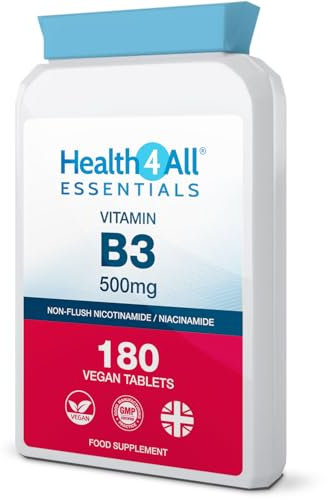 Health4All Vitamin B3 Nicotinamide (Niacinamide) 500mg per Tablet 180 Tablets 6 Months Supply, Vegan, Gluten Free, GMO-Free No-Flush Vitamin B3 Niacinamide | Made in UK