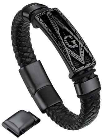 Bandmax Bracelet Homme maçonnique Noir 23cm Manchette Cuir PU Tressé avec Emblème de Franc-maçonnerie