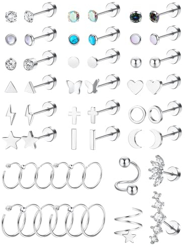 Diamday 52 par örhängen set brosk stål kirurgiskt stål platta örhängen kvinnor män multipack CZ hjärta fjäril stjärna stud-örhängen hypoallergena tragus piercingsmycken, Silver Rostfritt stål