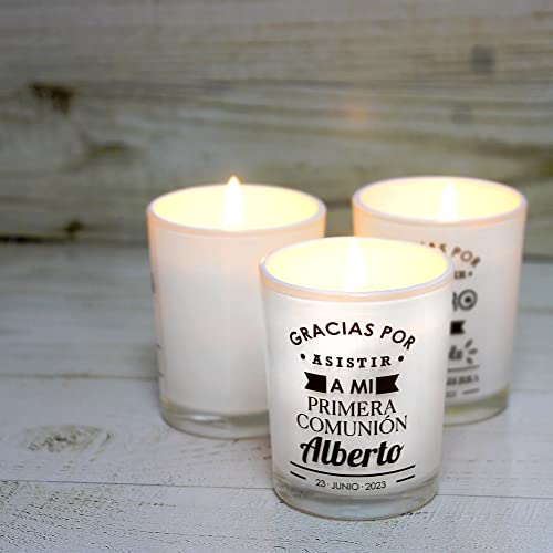 Velas personalizadas para eventos. Regalo de invitados de boda, comunión, bautizo en vaso de cristal con adhesivo personalizado con tu nombre o diseño (Comunión)