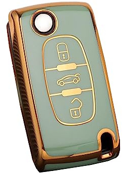 HIBEYO Autoschlüssel Hülle passt für Peugeot 207 407 308 607 Schlüsselhülle Silicone TPU Schutzhülle für Citroen C1 Picasso Berlingo C-Crosser Schlüssel Tasche Schlüsseletui KLAPP 3Tasten-Gold Grün