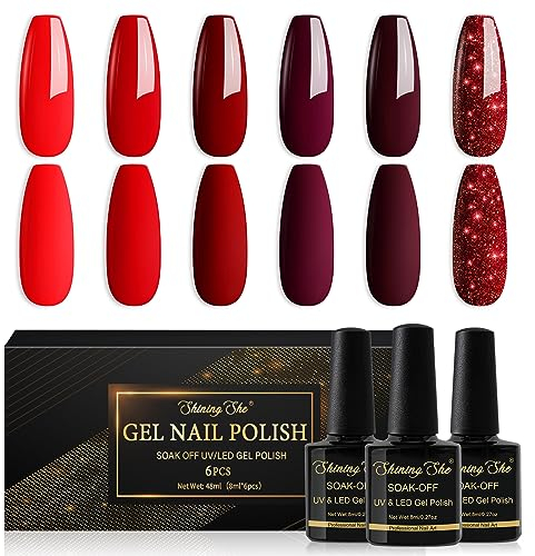Shining She UV Nagellack Rot,6 Farben Rubinrot Dunkelrot Glitzer Gel Nagellack UV, Gellack Rot Soak-Off UV Gel Nail Polish Geeignet für Anfänger Kunst Salon DIY,8ML