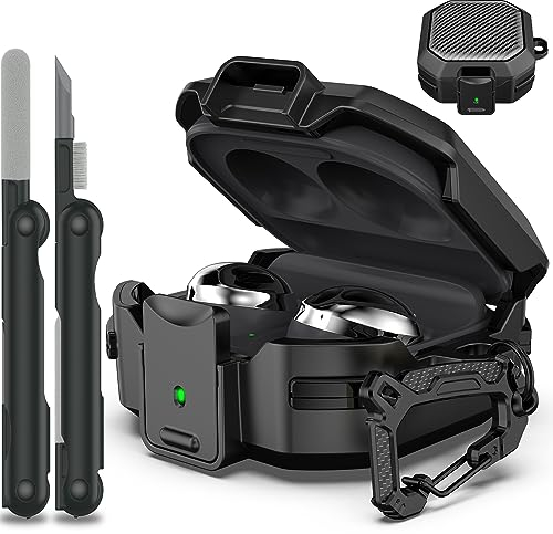 RFUNGUANGO Funda para Samsung Galaxy Buds 2 Pro/Buds Pro/Buds Live/Buds 2 Case Cover/Galaxy Buds FE (2023), Estuche Militar de Fibra de Carbono con Llavero/Cremallera/con Kit de Limpieza,Negro