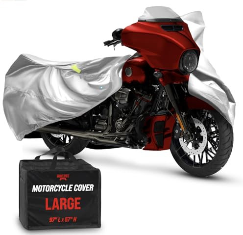 Badass Moto Funda para motocicleta definitiva. Almacenamiento impermeable al aire libre. 12 niveles de protección de grado comercial Mantén tu bicicleta 100% seca, limpia y segura. Grande 97 pulgadas