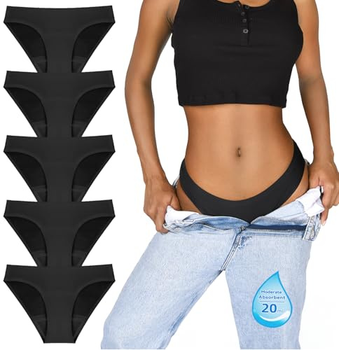 TIICHOO Periodenunterschwäsche Nahtlose Menstruationsunterwäsche für Damen Mädchen 5er Pack(2XL, Schwarz)