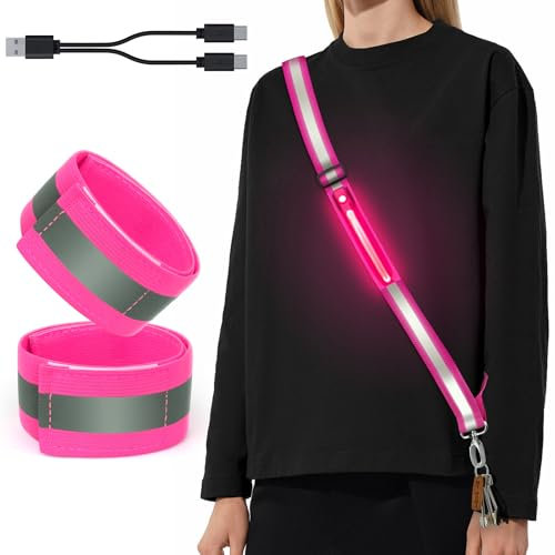 ocuvaep Lauflicht Joggen mit Reflektoren Gürtel, LED Lauflampe USB Aufladbar Verstellbar Nacht Sicherheitslicht Laufgürtel, LED Reflektierende Gürtelschärpe für Joggen Laufen Running Rosa
