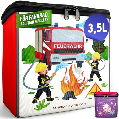 Lenkertasche Kinder Feuerwehr – Fahrradkorb Kinder vorne – für Woom Puky | Fahrradtasche Kinder Lenker, einfache Befestigung, wasserabweisend, mit Reflektor, passend für Roller, Laufrad, Dreirad