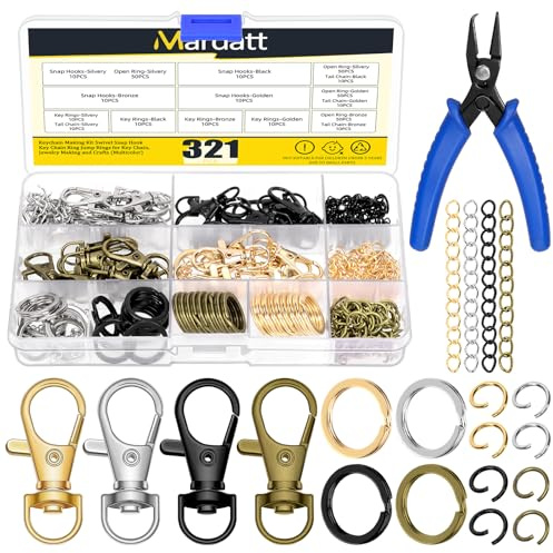Mardatt 321Pcs 4 Colors Keychain Making Kit, Lobster Claw Clasp Lanyard Snap Hooks and Keychain Rings, Jump Rings, Chain Extenders, Split Ring Pliers for Key Chain Jewelry Making DIY Crafts