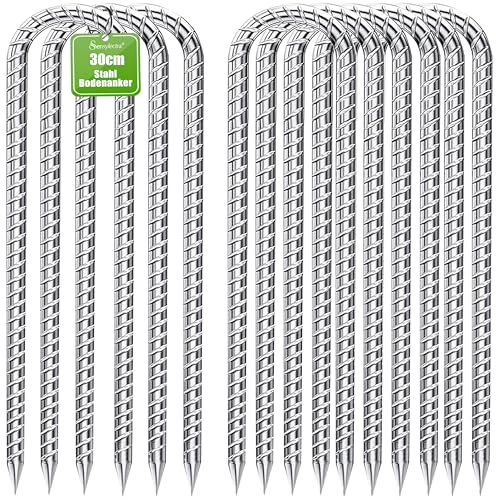 Sensylectra Bodenanker Heringe 30cm,Verzinkter Stahl Bodenanker Trampolin,Stabil Zeltheringe Erdnage,Camping Zelt Heringe für Zelten, Camping, Zaun (U, 6 Stück)