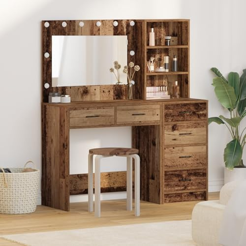 Brokky 3334198 Set da Toeletta di 2 Pezzi con LED in Legno Vecchio Toeletta Trucco,Scrivania Trucco per Camera da Letto,Toilette Trucco