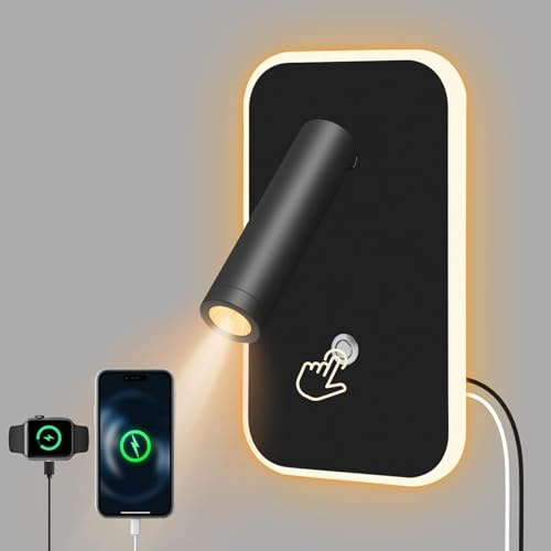 Gxpjycfob LED Wall Mounted Reading Lamp, Adjustable Bedside Headboard Lights with Switch and 2 Charging Port, 12W Dimmable Bed Wall Spotlights for Bedroom Living Room/Touch Control (Square Black)