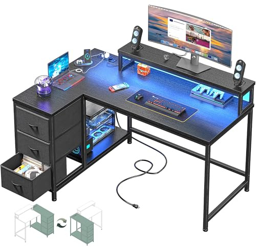 EnHomee L-Shaped Gaming Desk with RGB LED Lights & Power Outlets,120x80CM Reversible Corner Desk with Drawers,Home Office Desk with Monitor Stand,Gaming Desks Workstations for Small Spaces (Black)