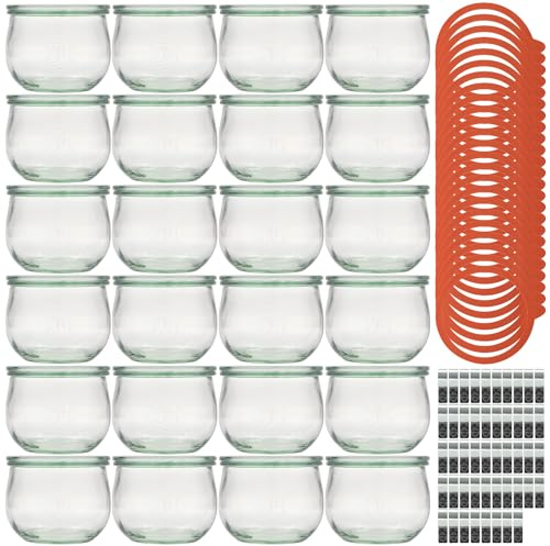 Flaschenland - 24 x Weck Tulip Jars 580 ml with Glass Lids, Preserving Rings and Clips, Preserving Jars for Preserving Food, Made in Germany