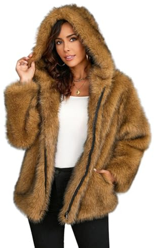 ZhuiKun Donna Cappotto in Pelliccia Sintetica Elegante Giacca Maniche Lungo Giubbotto Invernale Parka con Cerniera e Cappuccio - Cammello, 3XL