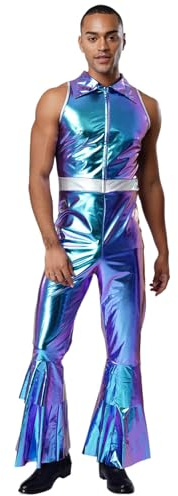 TTAO Jumpsuit för män, metallisk ärmlös disco overall med utsvängda byxor, 60-tal, 70-tals retro dans kostym fest karneval temafester, klubbkläder, blå XL