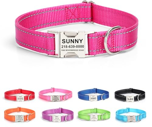 Personalisierter Hundehalsband mit gravierter Metallschnalle, Magenta | Individuell gravierter Name reflektierende Nähte, langlebiges Nylon‑Material, verstellbar für alle Hundegrößen