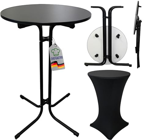 CHEFGASTRO Stehtisch mit Husse klappbar rund 70cm Höhe 110x Bistrotisch In- & Outdoor Stahl, MDF-Platte mit Edelstahlbeschichtung Schwarz Gastro wetterfest Bistrotisch Klapptisch Gartentisch