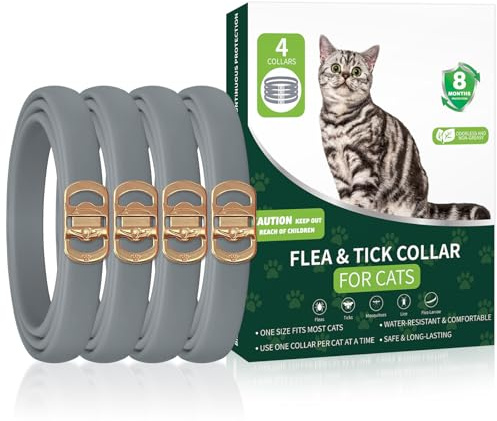 4 Pack Flea Collar for Cats, 32 Months Flea and Tick Prevention for Cats, Cat Flea Treatment, Adjustable Cat Flea Collars, Waterproof Cat Flea and Tick Treatment Collar, Flea Treatment for Cat, Grey